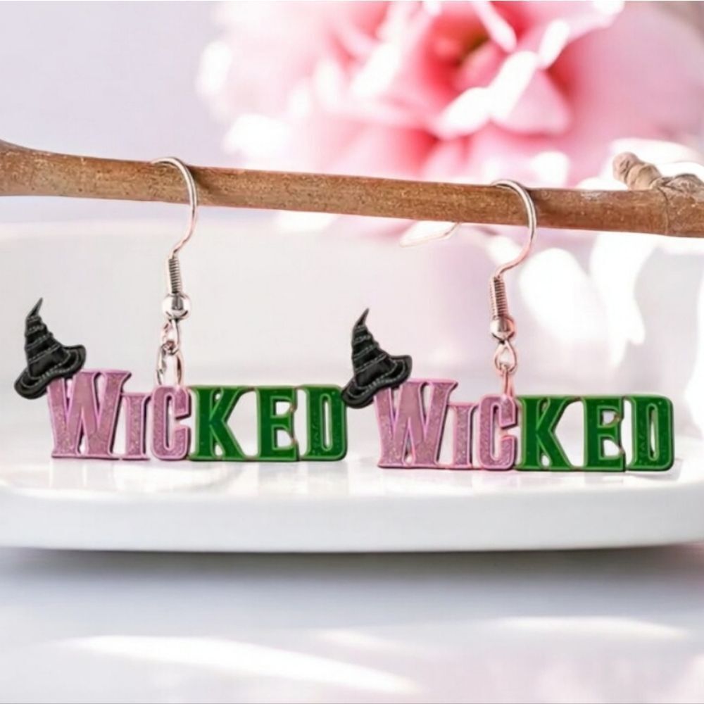 Wicked Earrings Pink and Green Glittery Dangle Pierced Ears Drop Jewelry Witch